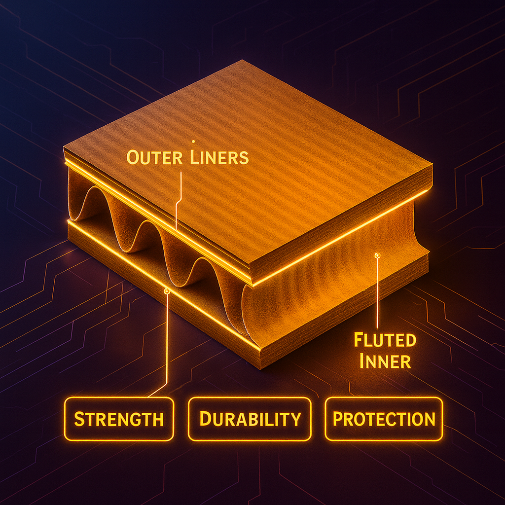Corrugated cardboard structure showing fluted layers
