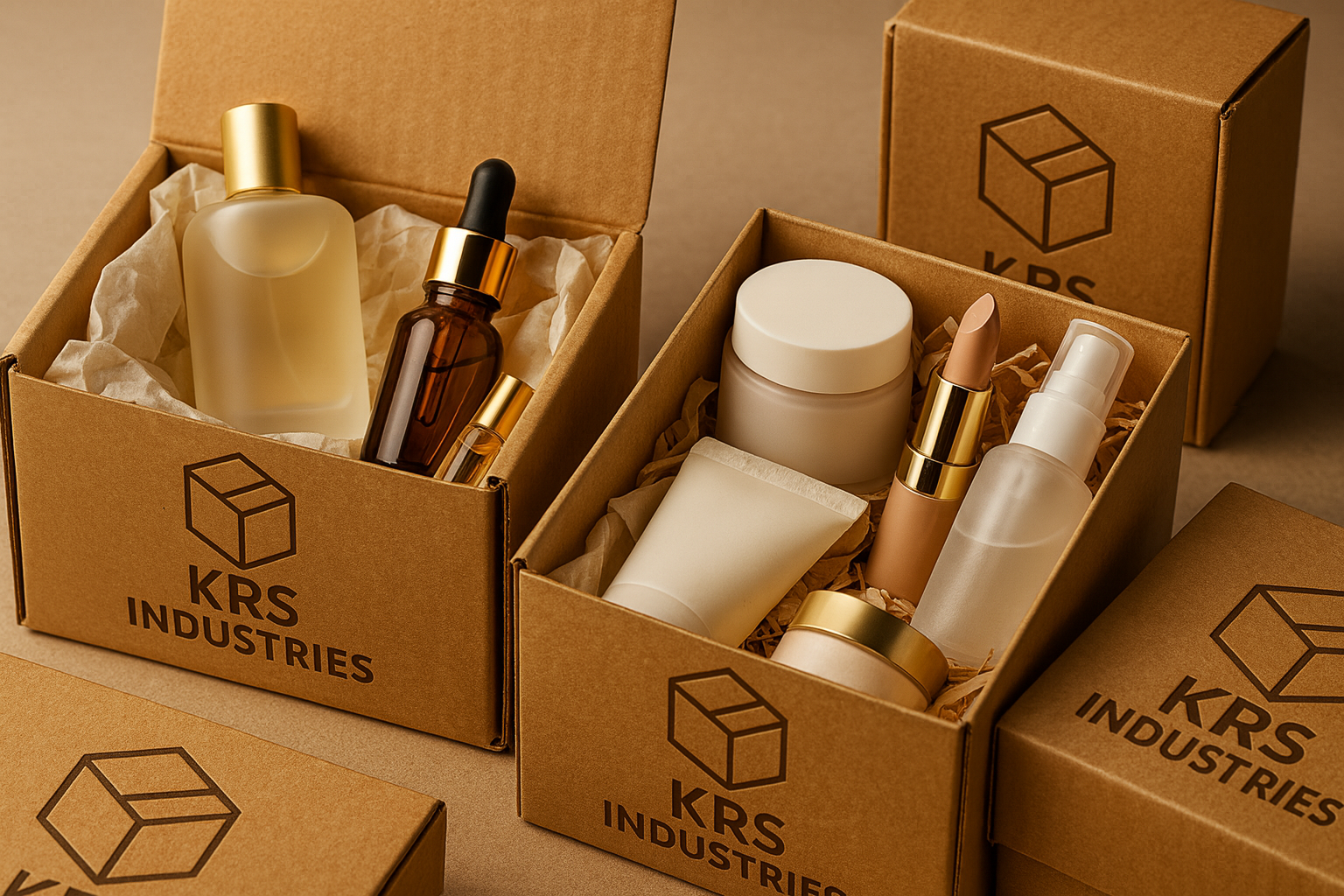 Cosmetic products arranged in printed corrugated boxes