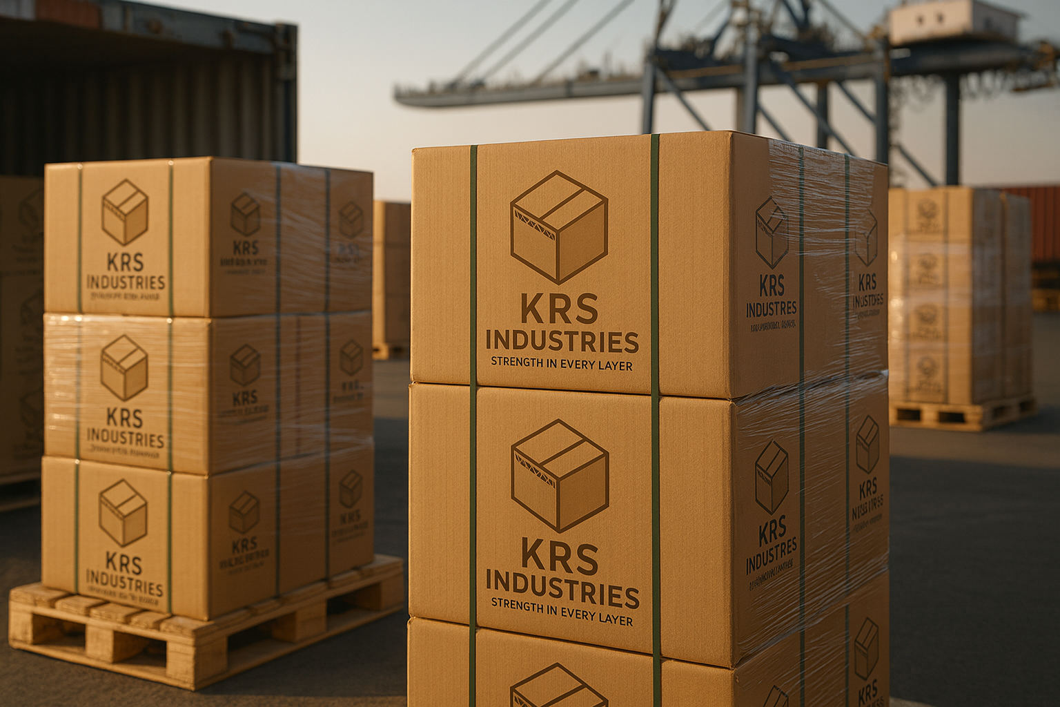 Export-grade corrugated boxes on pallets in warehouse