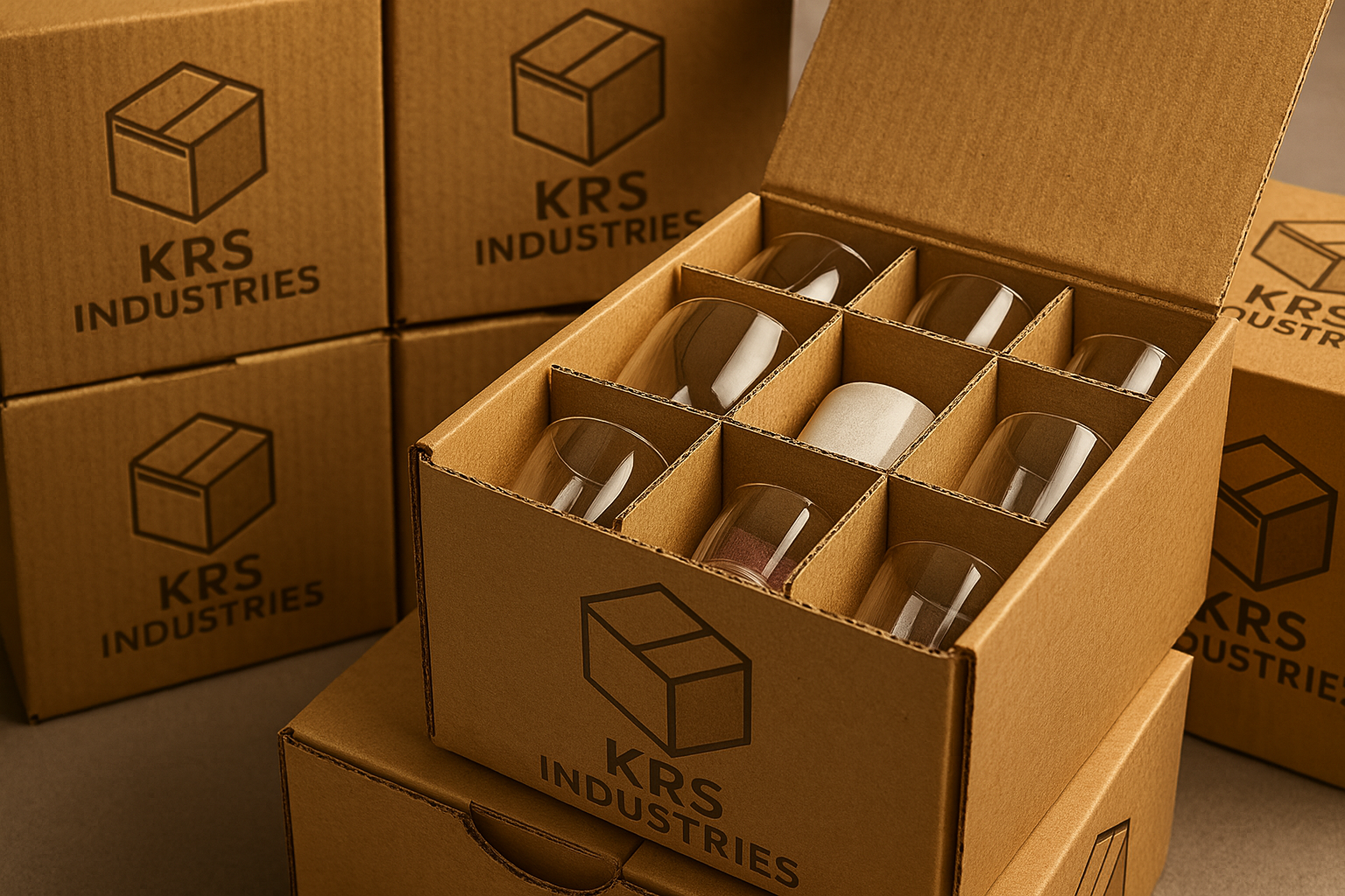 Glassware protected inside corrugated box with partitions