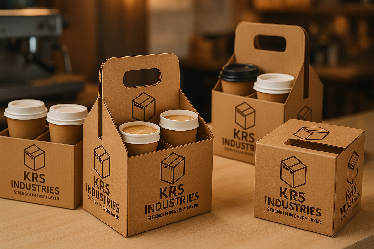 Corrugated carrier holding hot drink cups for café takeaway