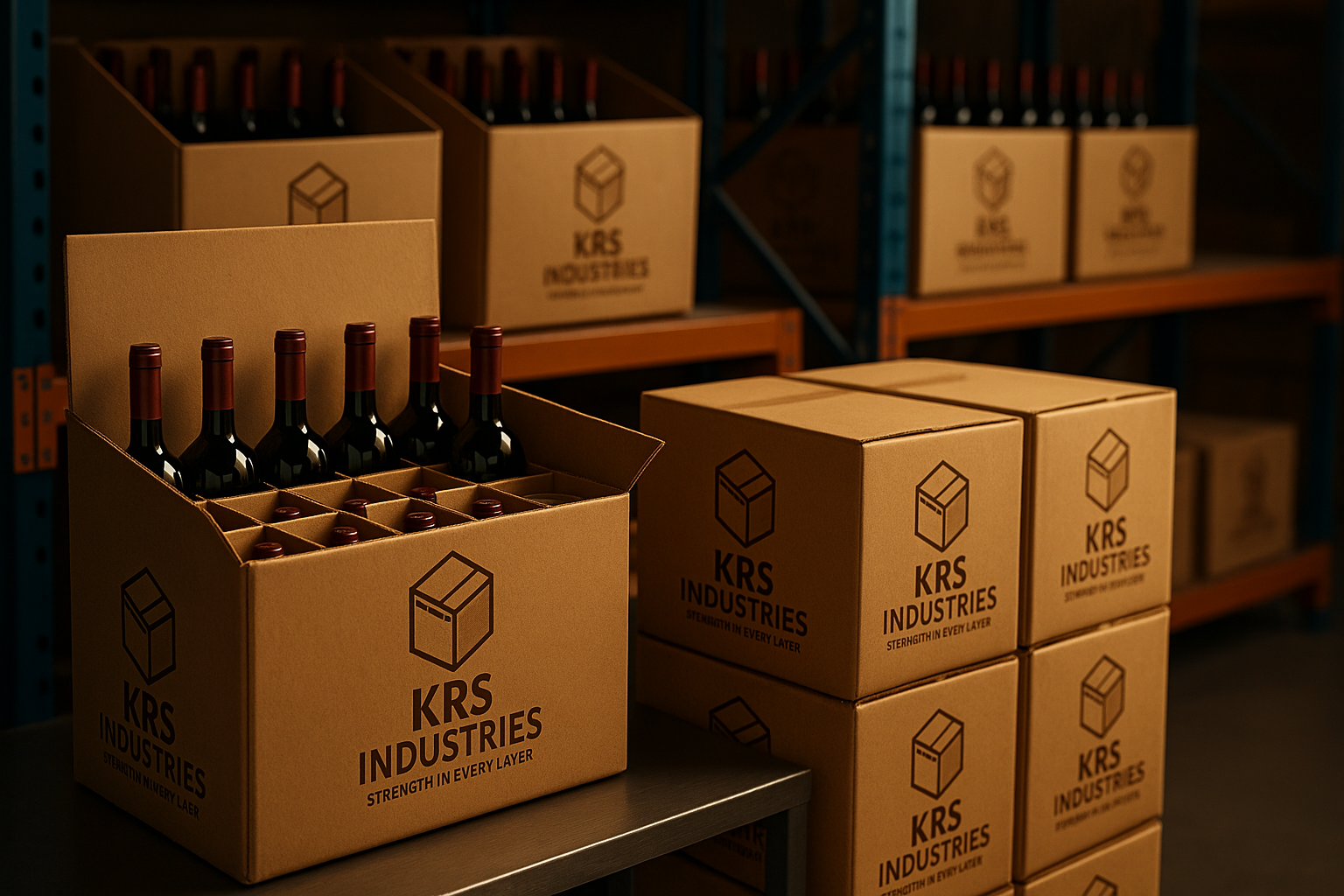 Food and beverage items packed in corrugated boxes with dividers